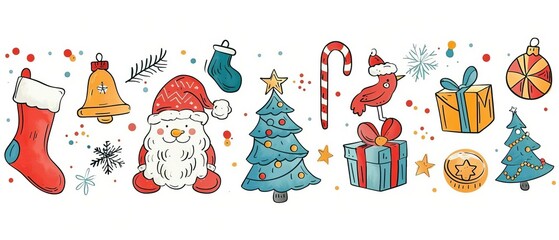 Set of doodle Christmas illustrations in vector on isolated white background Handdrawn Christmas doodles, white background, festive colors