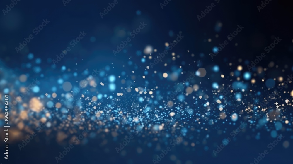 Poster the picture of vague visual of sparkling particles scattered across a deep blue and gold background,