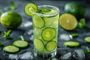 A refreshing cucumber gin fizz cocktail in a highball glass, with gin, cucumber slices, lime juice, simple syrup, and soda water. 