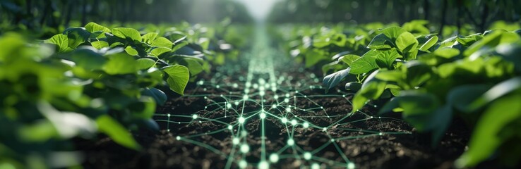 Smart technology network over a field of soybean plants. Precision agriculture with digital connections background. Sustainable farming, AI technology.