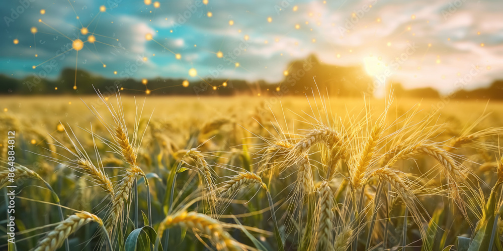 Poster golden wheat field with digital data connections. modern farming technology in wheat field backgroun