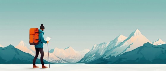 Obraz premium Mountain adventurer with backpack and trekking pole exploring snowy terrain against majestic peaks under clear blue sky.