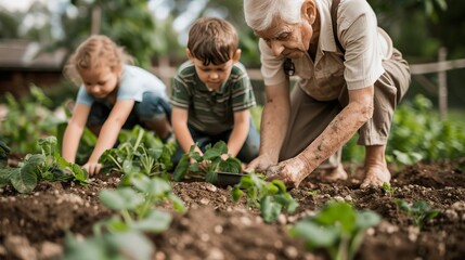 Multigenerational family gardening together in a lush backyard, grandparents guiding kids, outdoor activities, family teamwork, nature, green environment, happiness