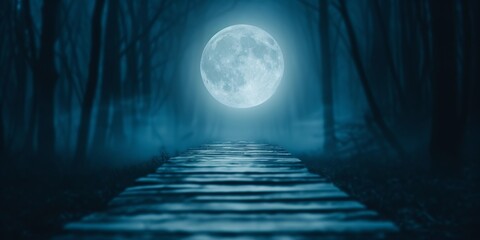 Fototapeta premium Mysterious moonlit forest path with fog and full moon illuminating a wooden walkway, creating an eerie yet mesmerizing atmosphere.