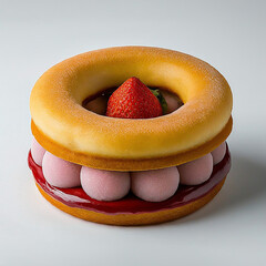 Tasty Donut, dessert with Stuffed with Strawberry jam, Strawberry mousse and fresh Strawberry, on white background.