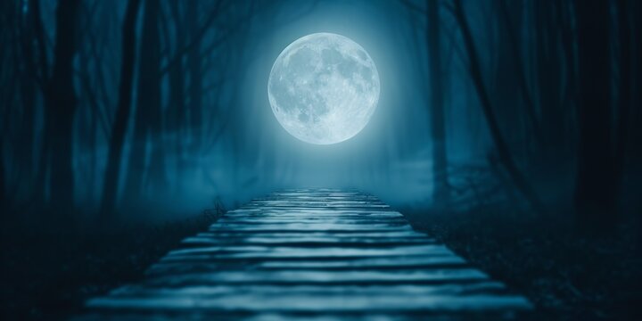 Mysterious moonlit forest path with fog and full moon illuminating a wooden walkway, creating an eerie yet mesmerizing atmosphere.