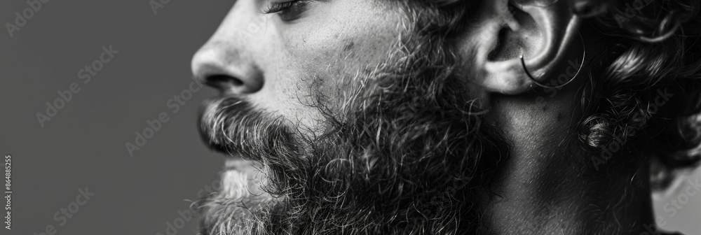 Poster the gentle curve of the jawline is mirrored by the soft gentle waves of a curly beard creating a har