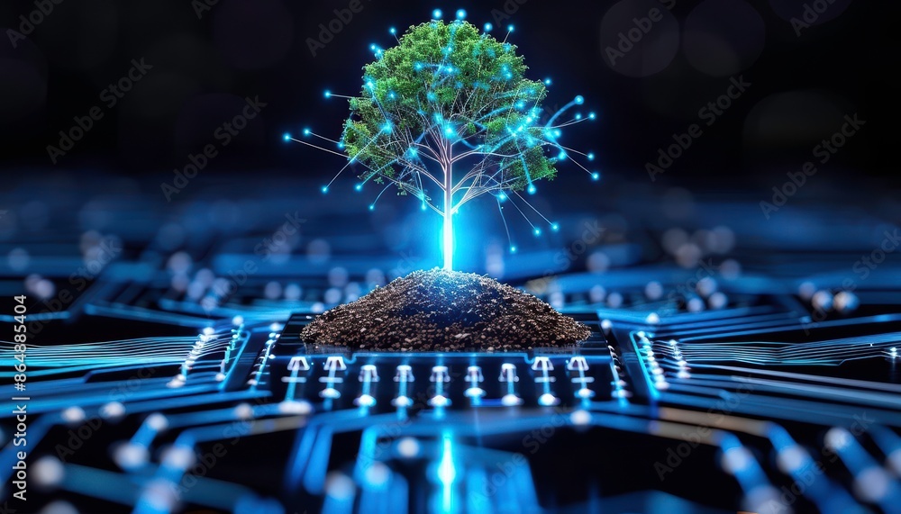 Poster a luminous tree growing from a networked circuit board, symbolizing the intersection of technology a