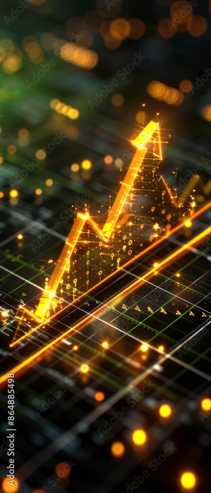 Poster abstract representation of a rising, glowing gold graph arrow on a digital interface background, sym