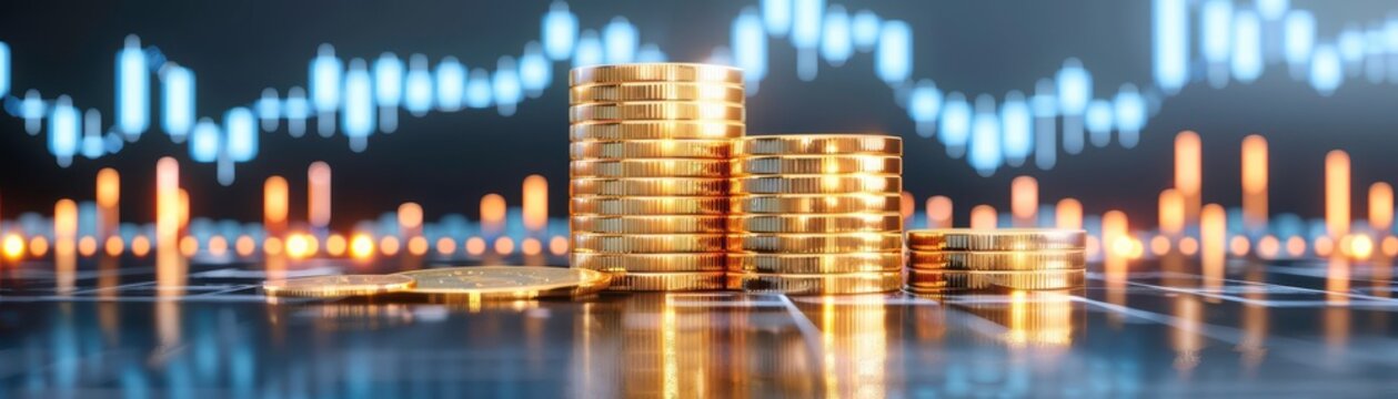 Stacked golden coins on reflective surface with financial graph in background, representing investment and economic growth.