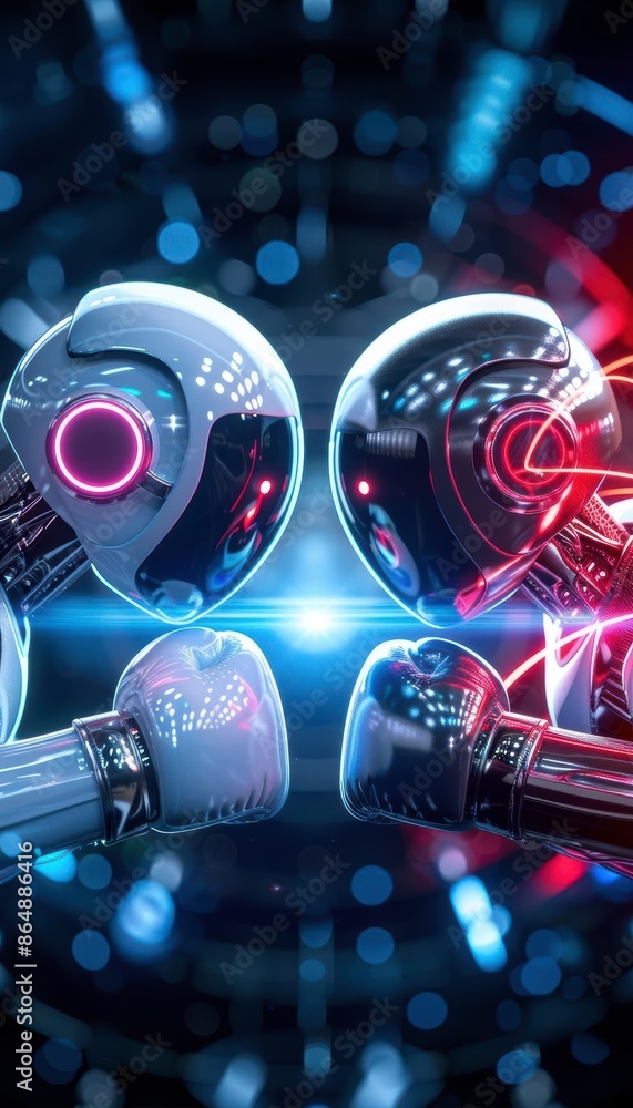 Poster two advanced robots with glowing lights face-off in a futuristic showdown, symbolizing technology an