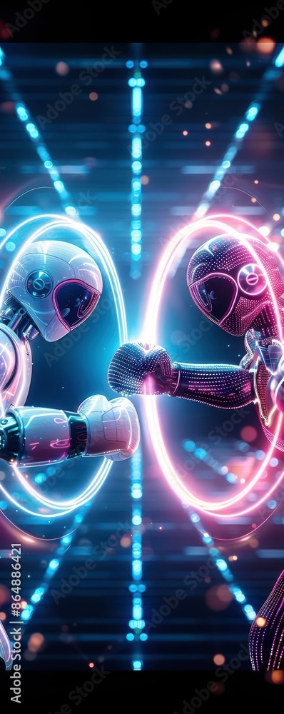Poster two futuristic robots boxing in a neon-lit arena, representing advanced technology and ai in a dynam