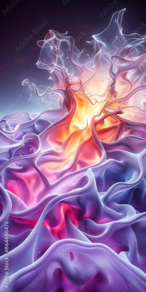 Poster vibrant abstract art with dynamic purple and orange hues resembling flowing silk and an ethereal glo