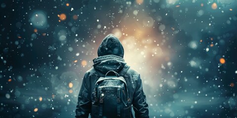 Fototapeta premium Person in winter clothing with backpack standing in falling snow, looking towards a glowing light, creating a mystical, serene atmosphere.