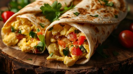 A trio of breakfast burritos filled with scrambled eggs cheese and veggies served on a wood slice plate.