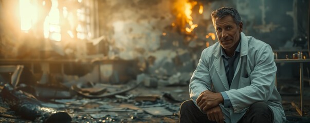 A contemplative man wearing a white lab coat sits amid the ruins of a smoky, burning laboratory, with fire highlighting the gravity and intensity of his thoughts.