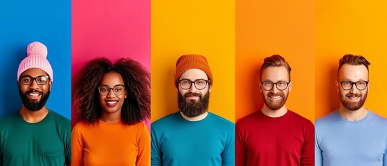 Portrait of diverse friends from different ethnic backgrounds, cultural unity, vibrant clothing, smiling faces, community spirit, inclusivity
