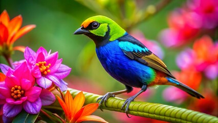 Obraz premium Paradise Tanager The Jewel of the Rainforest flying flying near flowers