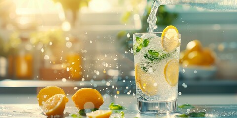 Refreshing lemonade being poured into a glass with ice, lemon slices, and mint leaves in a bright kitchen setting.