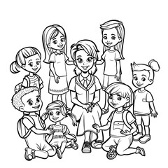 Naklejka premium Cartoon kids with a school counselor, outlined for coloring, on a white background.