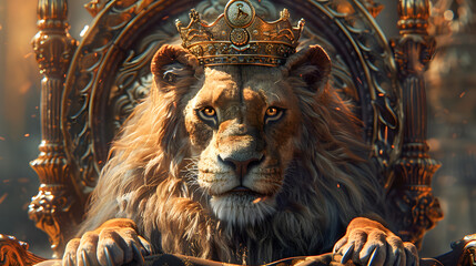 Lion sitting on throne like a king, royal oil painting portrait
