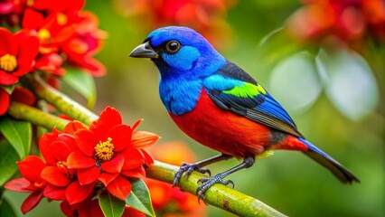 Fototapeta premium Paradise Tanager The Jewel of the Rainforest flying flying near flowers