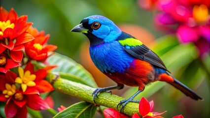 Obraz premium Paradise Tanager The Jewel of the Rainforest flying flying near flowers