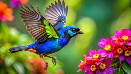 Obraz premium Paradise Tanager The Jewel of the Rainforest flying flying near flowers