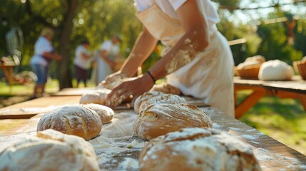 A bread baking competition in an outdoor setting with participants using various techniques and ingredients to create their best loaves.