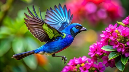 Fototapeta premium Paradise Tanager The Jewel of the Rainforest flying flying near flowers