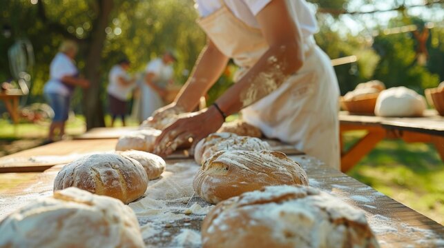 A bread baking competition in an outdoor setting with participants using various techniques and ingredients to create their best loaves.