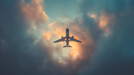 Naklejka premium Airplane flying in the cloudy sky .Generative AI