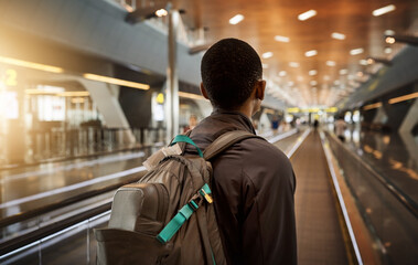 Back, thinking and person in airport with backpack, luggage and travel for move in California and immigration. Lobby, consider and journey of decision, choice or admission to international flight