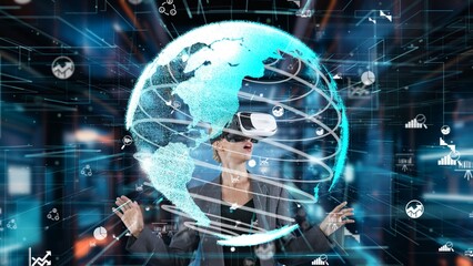 Woman pressing start opening VR of analyzed business world finance big data uploading look around global interface digital infographic network technology virtual 3d animation at server. Contraption.