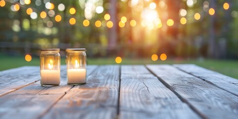 Rustic outdoor table with two mason jar candles and string lights creating a cozy ambiance at...