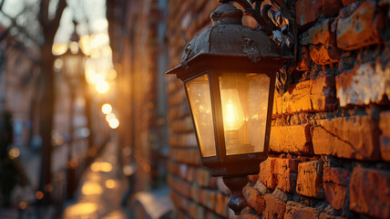 Vintage streetlamp on a brick wall during sunset, warm glow.