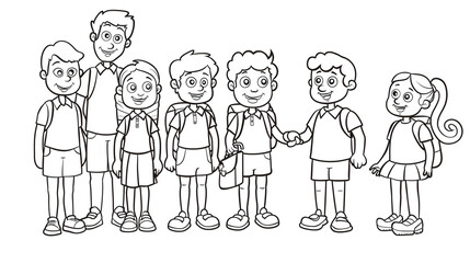 Cartoon kids with a school coach, outlined for coloring, on a white background.