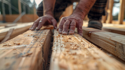 Close-up of a carpenter's hands working with wood on a construction site.