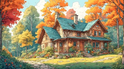 Fototapeta premium Illustration of a cozy cottage in the woods. 3
