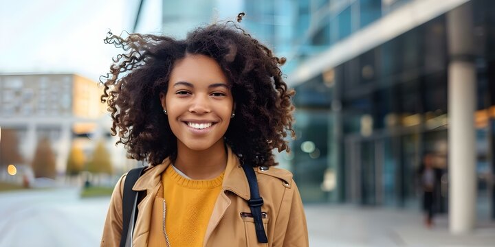 A joyful young mixed-race intern strolling away from campus. Concept Outdoor Photoshoot, Joyful Portraits, Campus Setting, Mixed Race, Young Adult