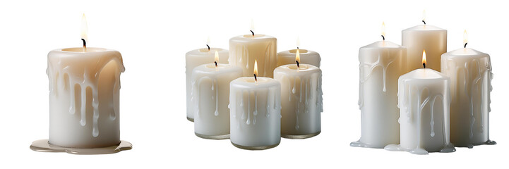 White wax burning candles isolated on transparent background