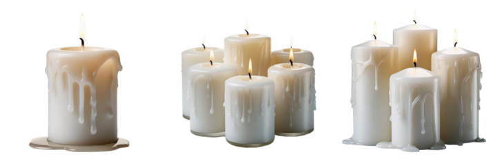 White wax burning candles isolated on transparent background