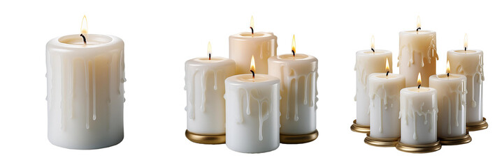 White wax burning candles isolated on transparent background