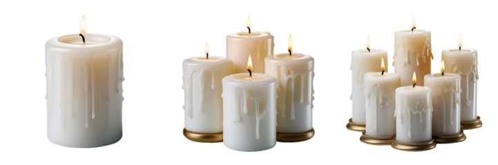 White wax burning candles isolated on transparent background