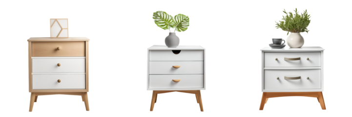 White nightstand with home decorations isolated on transparent background
