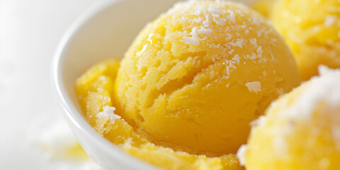 Chic turmeric and coconut sorbet, a closeup of chic turmeric and coconut sorbet, its bright yellow color and creamy texture against a white background