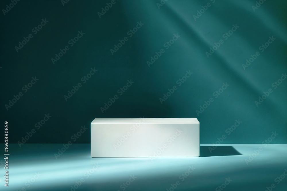 Poster Minimalist rectangular white block positioned on a teal surface, with a smooth teal backdrop and soft lighting.