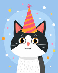 Portrait of a black and white cute cat in a pink festive cap. Light blue background, multi-colored confetti. Birthday card. Cute cartoon illustration.