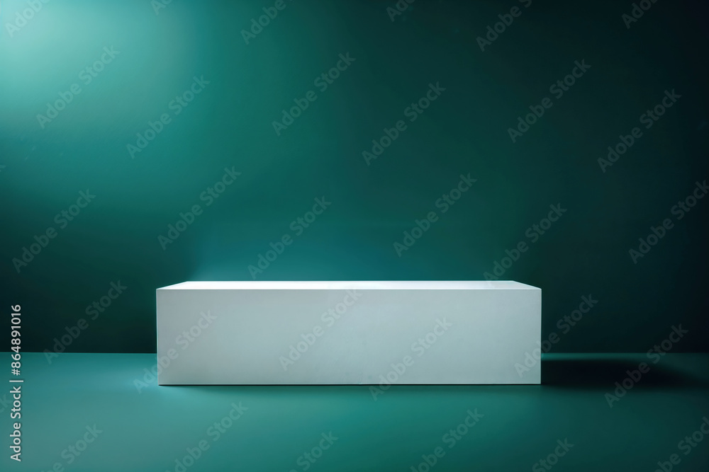 Poster Minimalist white rectangular block placed on a teal surface with a teal backdrop, illuminated by soft lighting.