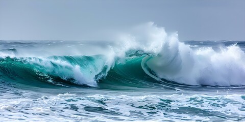 Obraz premium The Powerful Force of a Wave Crashing with Foam Spray in the Ocean. Concept Ocean Waves, Foam Spray, Powerful Force, Nature's Beauty, Coastal Majesty